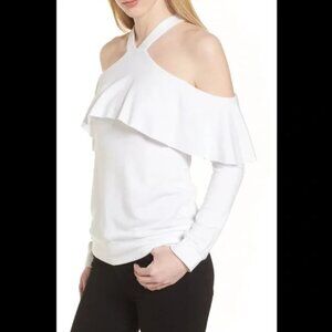 NWT Bailey 44 Blouse Womens L Chalk White Window Shop Top Ruffled Cold Shoulder